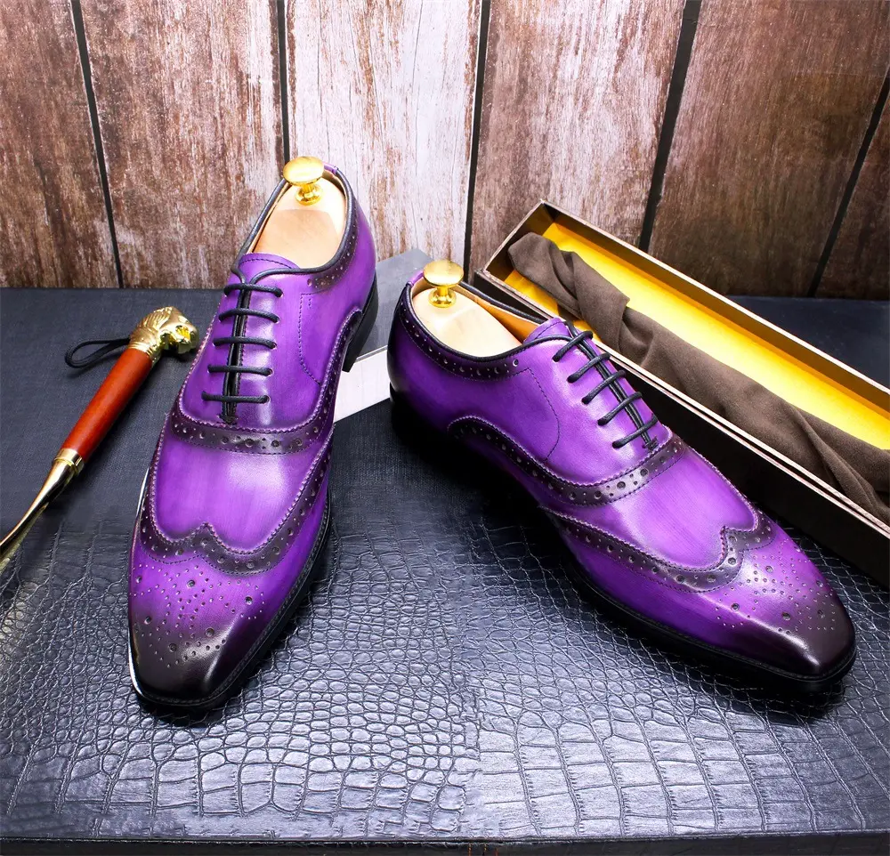 077-H1 Luxury Genuine Leather Shoes For Men British Style Business Oxford Shoes Men Purple Carving Brogues Dress Shoes For Men