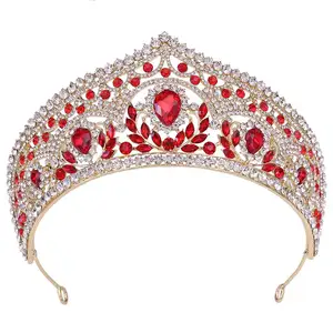 Neue Produktideen Braut Rot Strass Krone Charms Hochzeits zubehör Tiara Brautkleid Haar Tiara