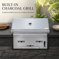 Barbecue au charbon de bois encastrable de luxe moderne haut de gamme pour extérieur, hauteur réglable, aérations réglables, en acier inoxydable