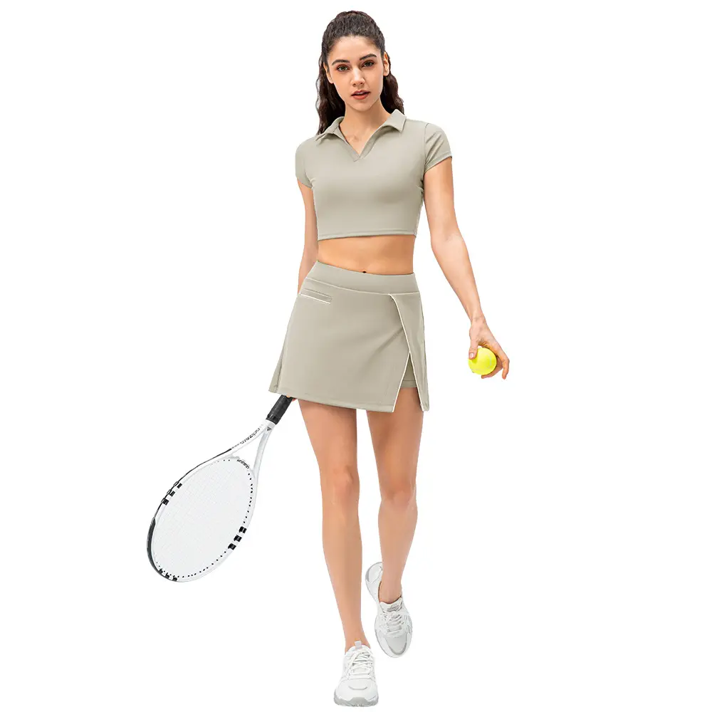 Spring and summer new sports short skirt false two anti-go naked and polo shirt 2 pcs set leisure yoga running tennis wear