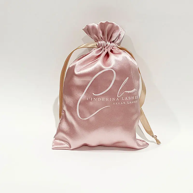 Custom Printed Logo colorful rose gold drawstring satin silk gift packing bag pouch