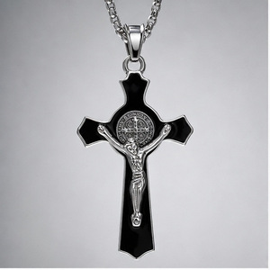 yunnique Stainless Steel <b>Cross</b> Pendant Necklace For Men Geometric Design Black And Silver Tone Crucifix Religious Jewelry - Product Image 1
