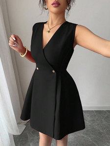 Abito Estivo Elegante Mini a Trapezio da <span class=keywords><strong>Donna</strong></span> Senza Maniche con Scollo a V Profondo Tinta Unita al Ginocchio per Feste <span class=keywords><strong>Abbigliamento</strong></span> Boutique - Product Image 3