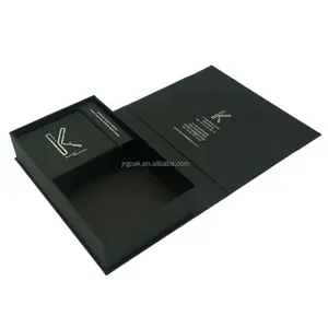 luxury black card hinged paper box with silver stamping logo for chocolate