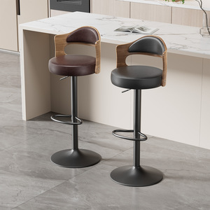 Modern <b>Bar</b> <b>Stool</b> With Backrest Height Adjustable Swivel Wooden Frame Black <b>Leather</b> Seat For Home Kitchen Counter Use - Product Image 4