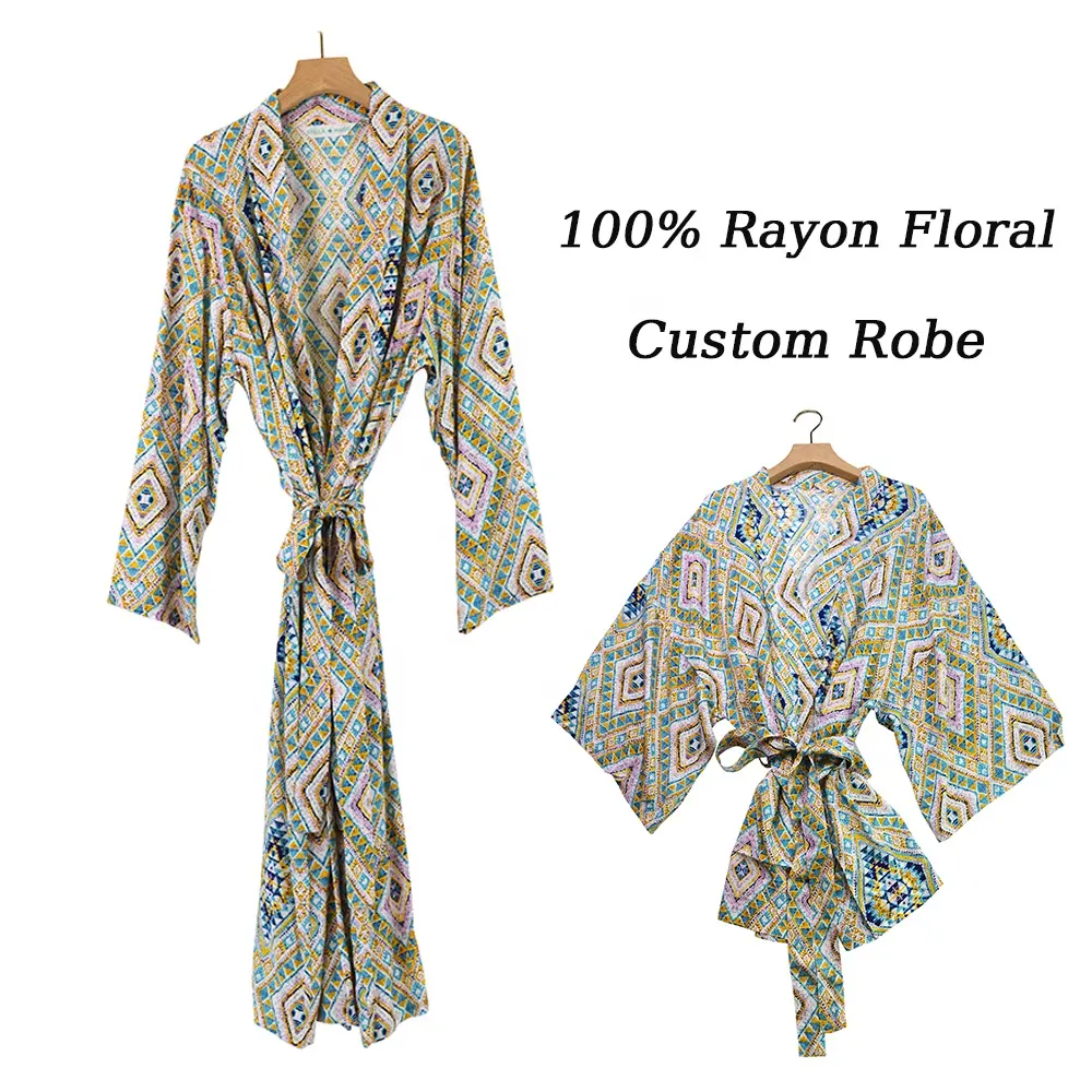 Wholesale Women Rayon Kimono Robes with Printed Floral Sexy Nightgowns Wedding Robes for Bride