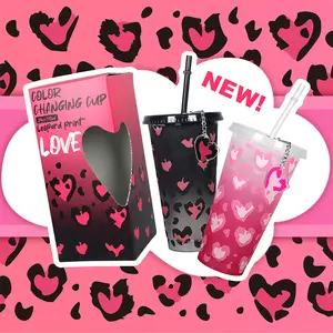 24oz Magic Lover Girlfriend Valentine Leopard Print Gift Set Reusable Coffee Cold Tumbler Color Changing Cup
