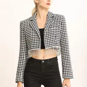 Abrigo a cuadros para mujer, a la moda con borlas Chaqueta corta, chaqueta de mujer de fiesta a cuadros con blazer elegante de pata de gallo con dedos parpadeantes