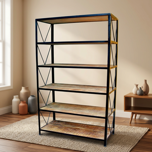 Étagère industrielle en fer, bibliothèque, vitrine, étagère à cinq niveaux en bois, meuble bibliothèque pour la maison, l'hôtel, la ferme - Product Image 6