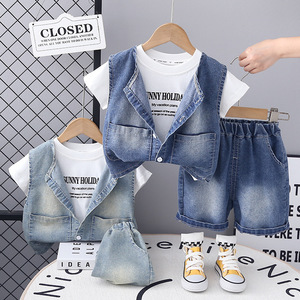 Conjunto de Ropa de Verano 2025 para Niños, Pantalones Cortos de Manga Corta, <span class=keywords><strong>Chaleco</strong></span> <span class=keywords><strong>Vaquero</strong></span> para Niños y Niñas, Traje de Tres Piezas, Jeans Elegantes al por Mayor - Product Image 1