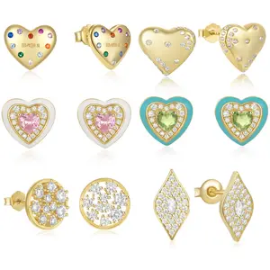 Fashion Jewelry 925 Sterling Silver Geometric Heart Round Circle Colorful Zircon Enamel Oil Drop Gold Plated Stud Earrings Women
