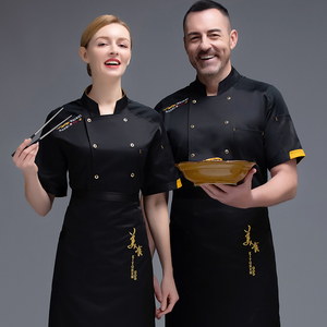 Uniforme de Chef de Verano de Algodón Tejido, Manga Corta, Doble Botonadura, Ropa de Trabajo de Cocina con Botones Dorados, Delantal de Cocina Profesional - Product Image 5