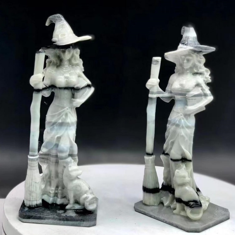 Wholesale Bulk Hot Sell 12cm Witch With Broom Cat Caving Halloween Caved Crystal Craft For Gift & Decoration
