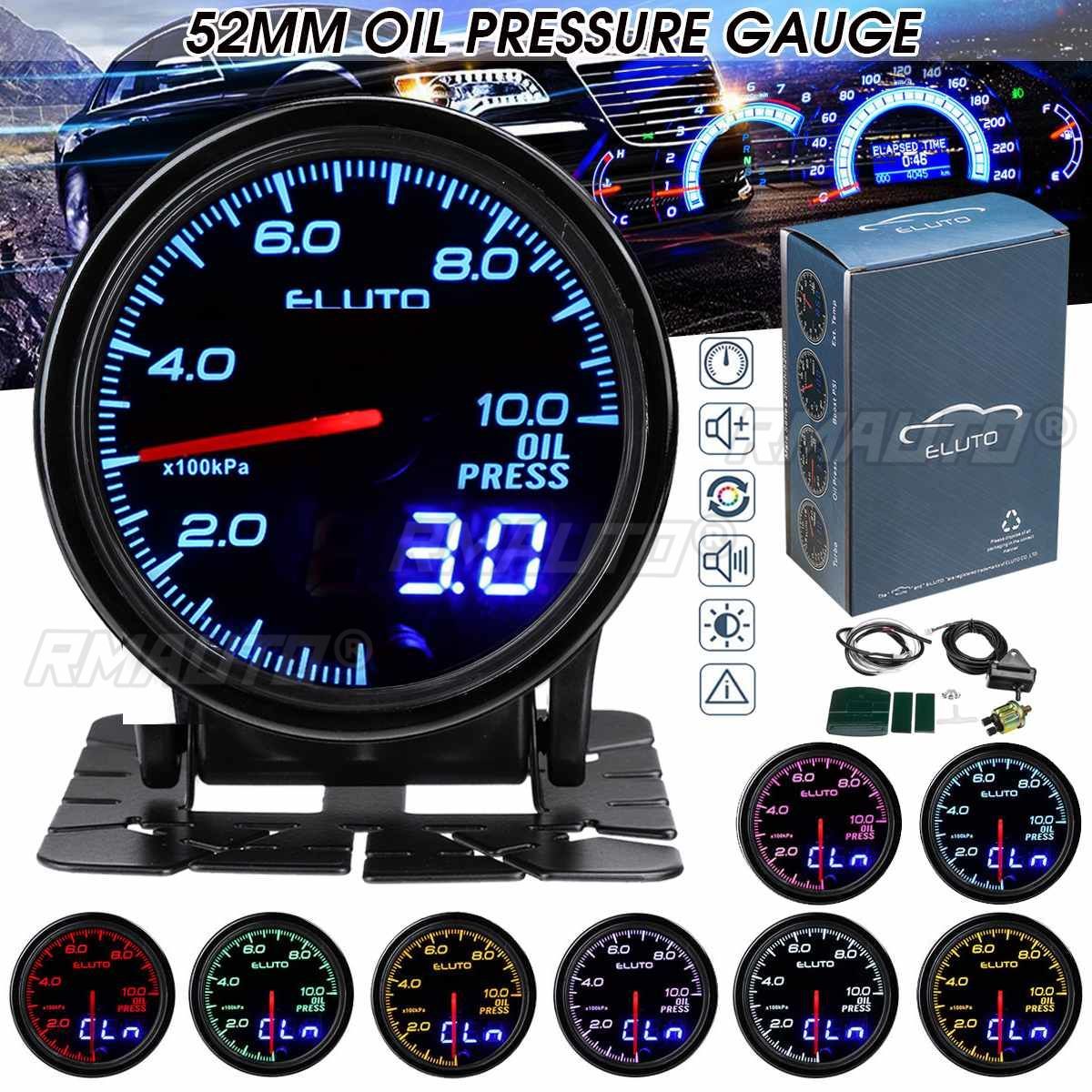Eluto Universal <strong>12V</strong> 2 Inch 52mm <strong>With</strong> <strong>Sensor</strong> Car <strong>Meter</strong> Oil Pressure Gauge BAR 10 Color LED <strong>Digital</strong> & Indicator Pin Double Display