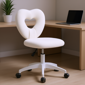 Chaise de bureau pivotante sans accoudoirs en polaire Teddy blanche avec dossier en forme de cœur, base en plastique, chaise de maquillage - Product Image 2
