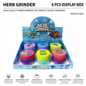 <b>Herb</b> Grinder 6 Pcs Display <b>Box</b> Round Magnetic Plastic Dry <b>Herb</b> Grinder With Sharp Teeth Colorful Design For Smooth Grinding - Product Image 1
