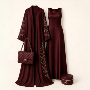 Burgundy Silk Elegant Dubai <b>Abaya</b> Floral Embroidery Sleeveless Floor Length Loose Fit Modest High Quality Wedding <b>Dress</b> Women - Product Image 1