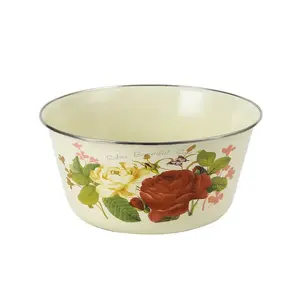 Boa Qualidade Utensílios De Cozinha Esmalte Bacia De Frutas Vegetais Lavagem Salada Tigela De Armazenamento De Dedo Esmalte Recipiente com Padrão De Flor