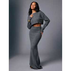 Falda Maxi Elegante de Mujer, Estilo Trompeta/Sirena, Tejido de Punto Acanalado Color Camel Melange, 100% Algodón, para Otoño - Product Image 1