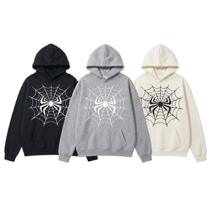 เสื้อฮู้ดดี้ผ้าฝ้ายเฟรนช์เทอร์รี่พิมพ์ลายใยแมงมุมสีดำปักลาย 100% ผ้าฝ้ายทรงโอเวอร์ไซส์ สไตล์สตรีทแวร์สำหรับผู้ชาย รับผลิตแบบ OEM ODM - Product Image 1