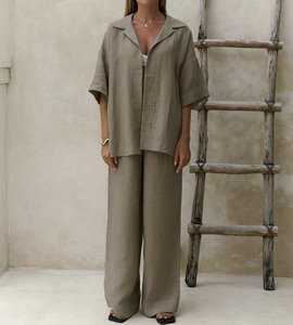 Conjunto de algodón 100% para mujer, venta al por mayor, pantalones casuales holgados de manga corta de alta calidad, conjunto de dos piezas para mujer, primavera - Product Image 2
