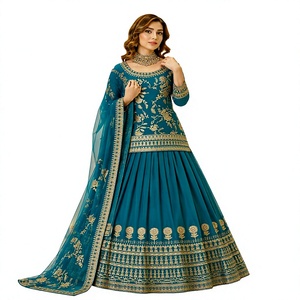 Conjunto de Kurta Azul Bordado de Poliéster para Mujer con Falda Acampanada y Dupatta, Estilo Tradicional Indio-Pakistaní, Largo hasta el Suelo - Product Image 1