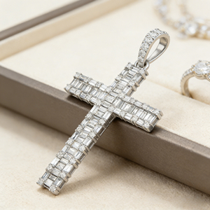 CUSTOM SILVER 10K/14K/18K GOLD PLATED LAB GROWN CVD DIAMOND CLASSIC ENGAGEMENT GIFT SWEATER <b>CHAIN</b> NECKLACE <b>CROSS</b> PENDANT VS - Product Image 4
