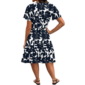 Vestido de verano para mujer, de punto, liso, con cuello en V, manga 3/4, cintura alta, largo hasta la rodilla, con abertura asimétrica en el bajo y estilo cruzado, para ocio de verano - Product Image 6