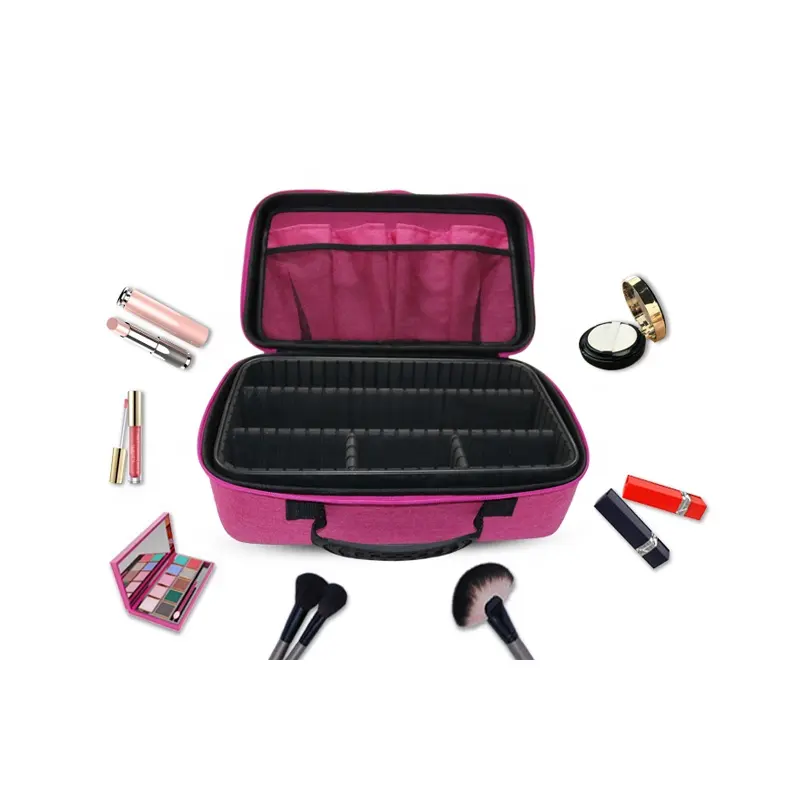 Custom Logo Existing Mold Make Up Train Case Makeup Cosmetic Bag Professional Brush Organizer Boxes Case with Divider Pink