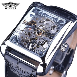Ganador SLZa62 mecánico de los hombres mano sinuoso <span class=keywords><strong>reloj</strong></span> antiguo hombre esqueleto de oro cuadrado Dial correa de cuero Relojes - Product Image 2