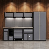 Ensemble de 8 meubles de rangement professionnels pour atelier et garage, comprenant 7 armoires supérieures, des caissons mobiles, une établi, un panneau perforé et un éclairage LED, robuste, OEM