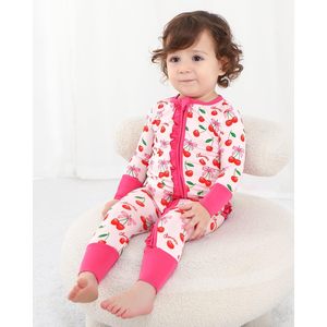 Combinaison à manches longues pour bébé fille, imprimé cerise, vêtements de nuit, 0 mois-2T, respirant, en coton de bambou, à volants - Product Image 5