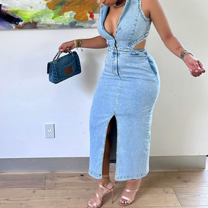 Nouvelle robe en jean sexy sans manches à col roulé et fente pour femme, tendance - Product Image 3