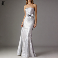 Robe de soirée sirène personnalisée argentée sans bretelles avec nœud décoratif, taille empire, épaules dénudées, sans manches, moulante, pour bal et soirée