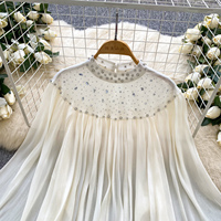 Chemise élégante pour femmes à manches lanternes, ornée de perles et de strass, coupe ample, pour le printemps et l'été