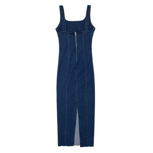 ZHEZHE moda 2024 verano Mujer sin mangas cuello cuadrado Maxi vestidos de mezclilla elástico único Jeans elegante vestido dividido - Product Image 3
