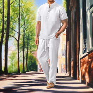 Ensemble 2 pièces pour homme, t-shirt à manches courtes en coton et lin, tricoté, respirant, décontracté, pour l'été, tendance - Product Image 2
