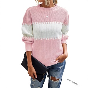 Pull-over rayé personnalisé pour femmes de style coréen à blocs de couleurs avec manches lanterne Mode hivernale Tricot Tissage Logo sur le devant - Product Image 4