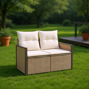 Beige 2-Seater Poly <b>Rattan</b> Garden <b>Sofa</b> With Storage Outdoor Furniture UV-Resistant Contemporary Design - Product Image 2