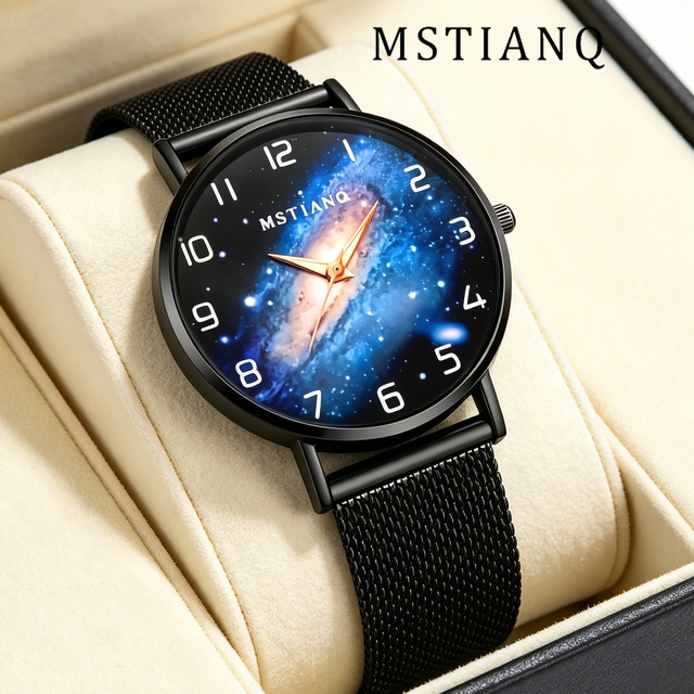 Classic and Fashionable Mesh Steel Strip Life Waterproof Luminous galaxy Design Ultra-thin Dial Men's Quartz Watch