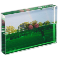 Cadre photo liquide en acrylique avec flotteurs de ballons de football et de coupes dans un fond de gazon, paillettes dans le cristal haute clarté, OEM