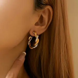 SC Jewelry 2024 Trendy Geometry Two Tone Earrings 18k Gold Plated Open C Shape Earrings Huggie Twist Hoop Earrings For Women