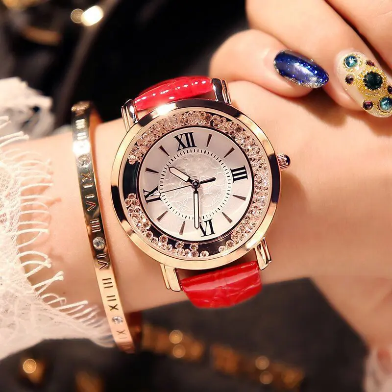 Wholesale Fashion Rhinestone Design Women Quartz Watches Alloy Classic Leather Strap Women Quartz Diamonds Cheap Wrist Watch 414