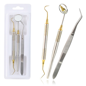 Juego de Exploración Dental Básico de 3 Instrumentos, Clase I, Manual, de Acero Dorado |   Pinzas de algodón para laboratorio Mirror Explorer con mango hueco CE ISO - Product Image 1