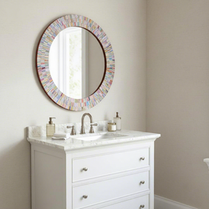 Miroir mural rond en mosaïque multicolore fait à la main avec cadre en carreaux de verre rayés colorés, miroir décoratif moderne - Product Image 2