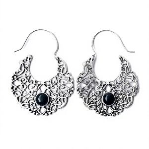 Boucles d'oreilles créoles vintage style bohème plaquées argent pour femme, avec clous en lapis-lazuli en laiton, idéales pour un anniversaire - Product Image 2