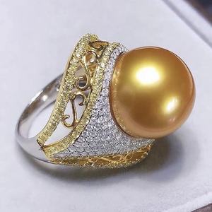 Anillo de Perla Natural con Incrustaciones de Oro de Precisión 925, Moderno, 13-14 mm, Redondo Completo, Diseño de Solapa con Luz Intensa, Chapado en Oro - Product Image 3