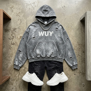 Sudadera con capucha de peso pesado para hombre, estilo vintage, con lavado ácido, desgastada y rasgada, estilo streetwear, oversize, con gráfico y detalles de efecto destruido, personalizada - Product Image 4