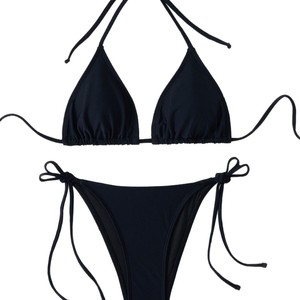 Maillot de bain bikini triangle de couleur unie avec encolure halter à nouer, ensemble 2 pièces pour femmes, pour la natation et les sports nautiques - Product Image 5