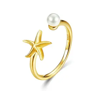 S925 Sterling Silver Starfish Pearl Ring Female Fashion Cute Marine Life Diamond Sweet Open Gold-plated Ring